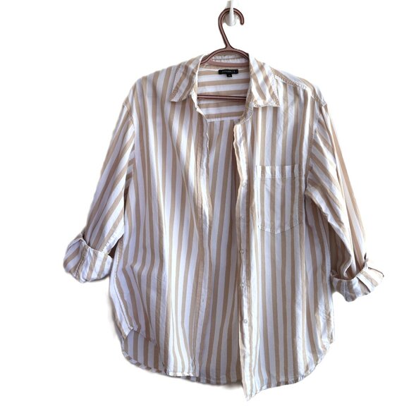 Tan/White Striped Button Up Shirt - Size S - Ladies Relaxed Fit Blouse - Picture 4 of 11